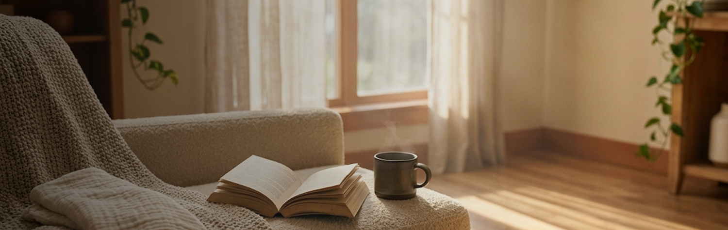 Cozy chair with an open book and warm drink in a calm home setting