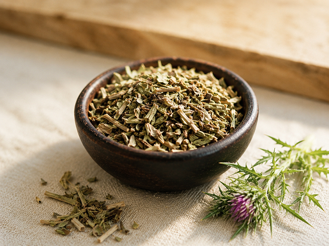 Bowl of blessed thistle used in The Milky Wave lactation tea for nursing moms