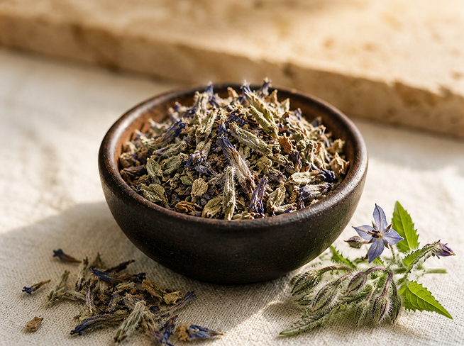 Bowl of borage used in The Milky Wave lactation tea for nursing moms
