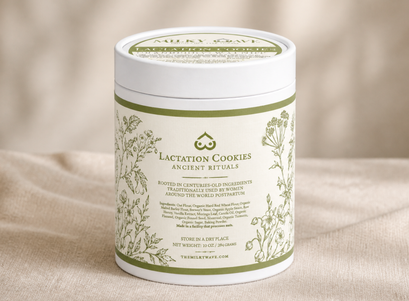 Lactation Cookies with green and white design on a beige fabric background