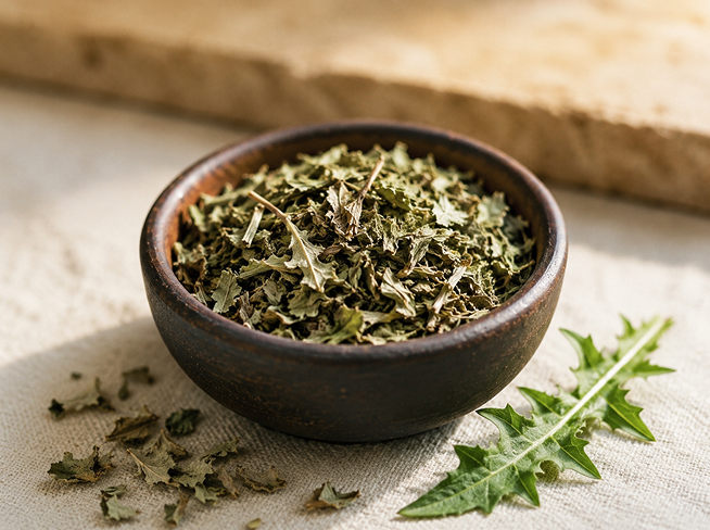 Bowl of dandelion leaf used in The Milky Wave lactation tea for nursing moms