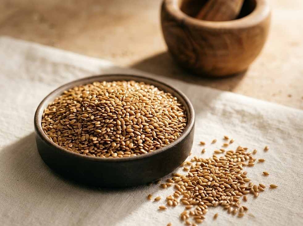 Bowl of flaxseed used in The Milky Wave lactation recipes for nursing moms