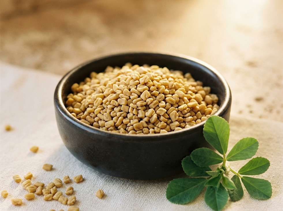 Bowl of fenugreek seeds used in The Milky Wave lactation recipes for nursing moms