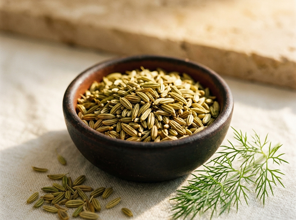 Bowl of fennel seeds used in The Milky Wave lactation recipes for nursing moms