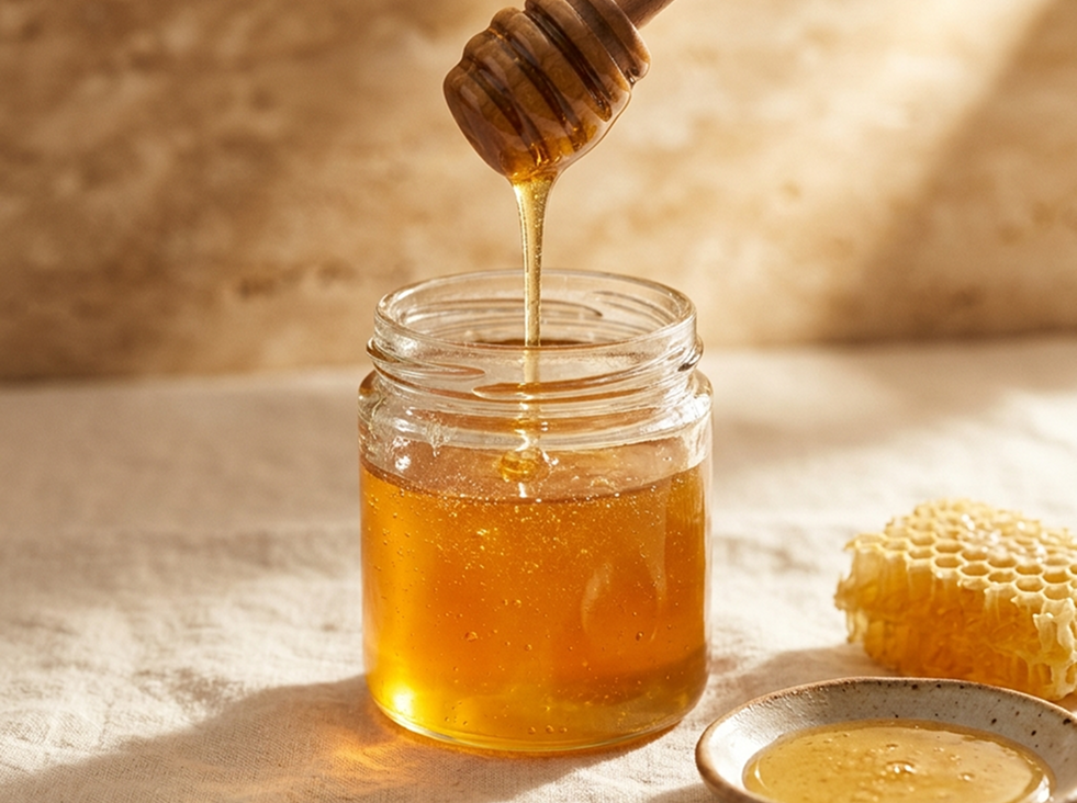 Jar of honey used in The Milky Wave lactation recipes for nursing moms