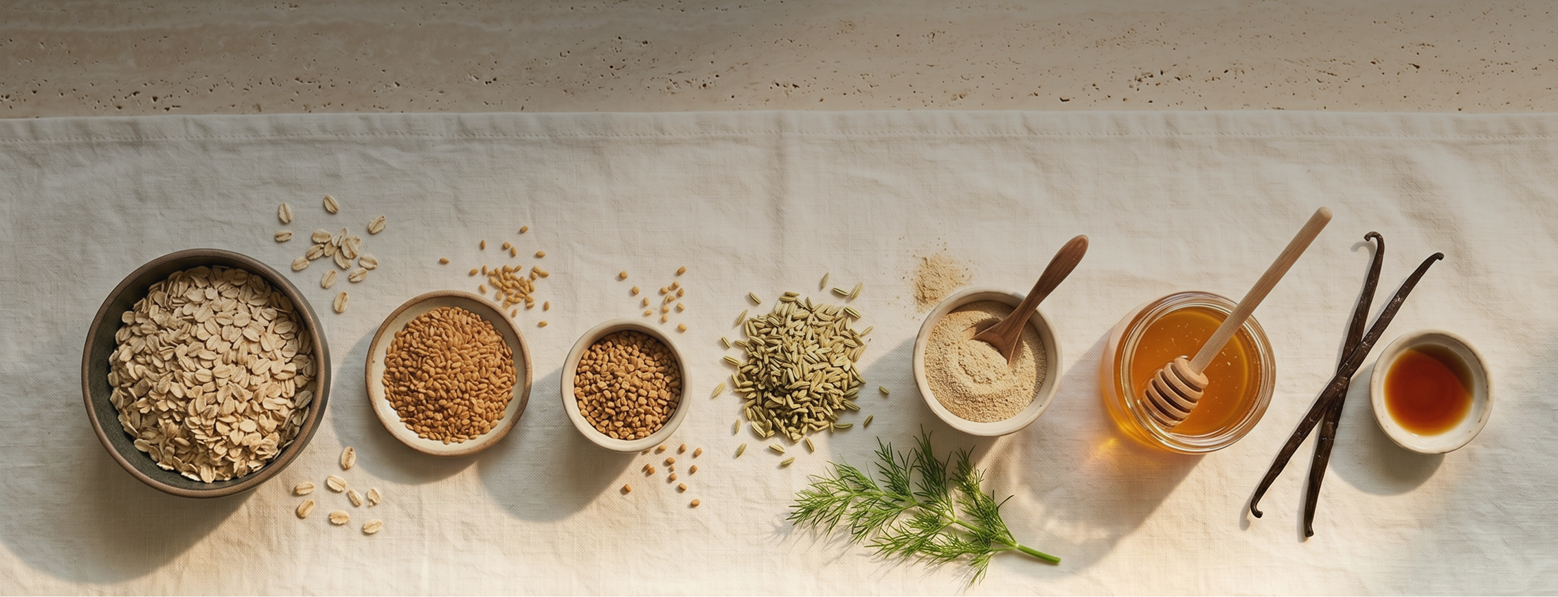 The Milky Wave lactation ingredients with oats, seeds, honey, herbs, and vanilla on linen
