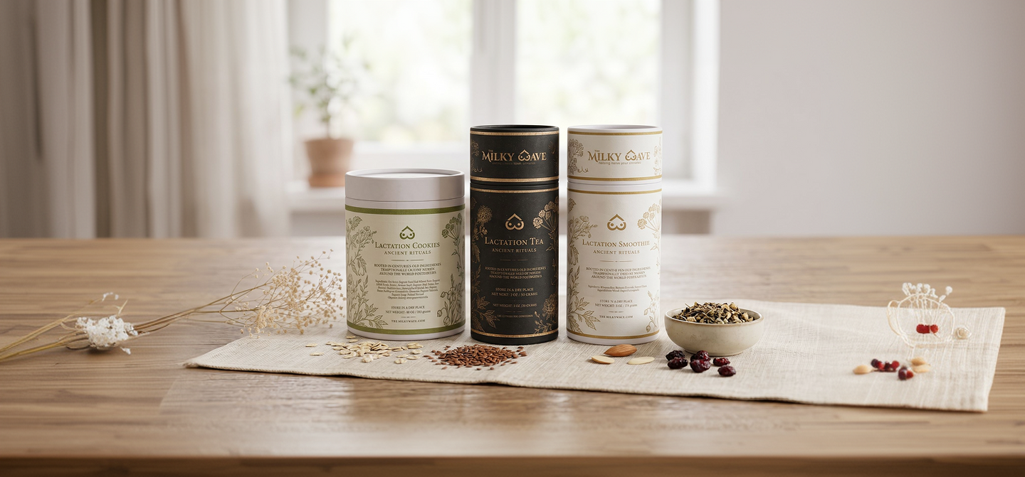 The Milky Wave lactation tea, cookies, and smoothie with nursing-support ingredients on a wooden table