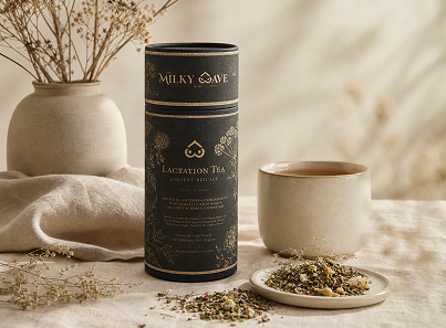Lactation tea canister with a cup and tea leaves on a table.