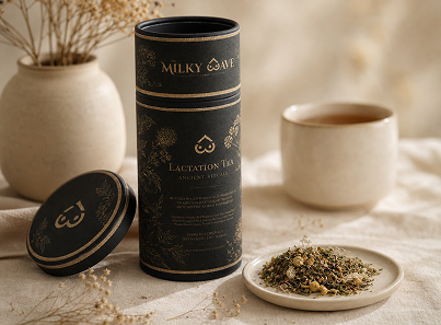 Milky Way Lactation Tea canister on a table with tea leaves and a cup.