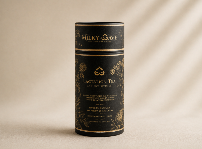 Lactation Tea with gold text and branding on a beige background