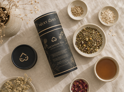 Lactation Tea packaging with tea leaves, dried herbs, and a cup of tea on a light surface.