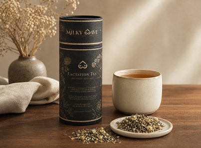 Milky Wave Lactation Tea canister with a cup of tea and tea leaves on a wooden table.
