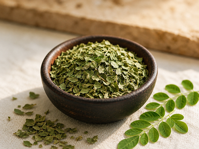 Bowl of moringa leaves used in The Milky Wave lactation recipes for nursing moms