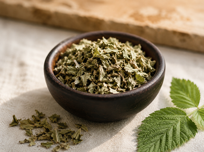 Bowl of nettle leaf used in The Milky Wave lactation tea for nursing moms