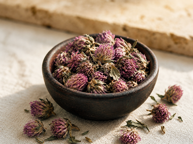 Bowl of red clover blossoms used in The Milky Wave lactation tea for nursing moms
