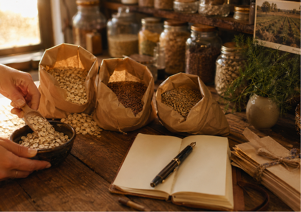 The Milky Wave lactation ingredients measured by hand with oats, seeds, and herbs on a wooden table