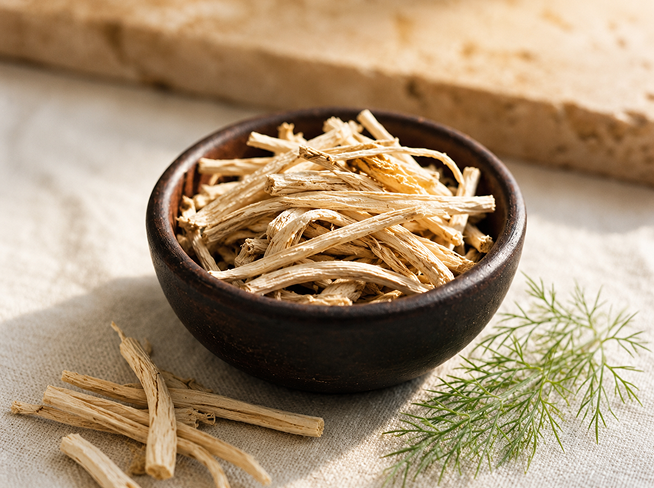 Bowl of dried herbal root used in The Milky Wave lactation tea for nursing moms