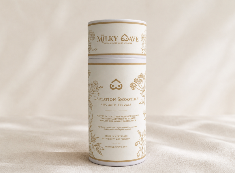 Milky Way Lactation Smoothie container on a beige fabric background