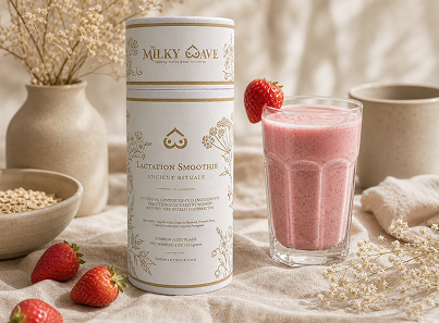 Milkly Wave lactation smoothie container with a glass of pink smoothie and strawberries on a neutral background