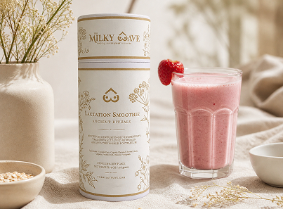 Milky Wave Lactation Smoothie can with a glass of pink smoothie on a table.