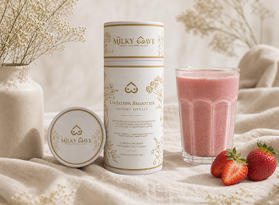 Milky lactation smoothie canister with a glass of pink smoothie and strawberries on a light fabric background