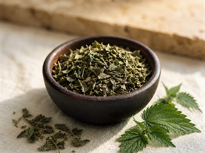 Bowl of dried nettle leaf used in The Milky Wave lactation tea for nursing moms