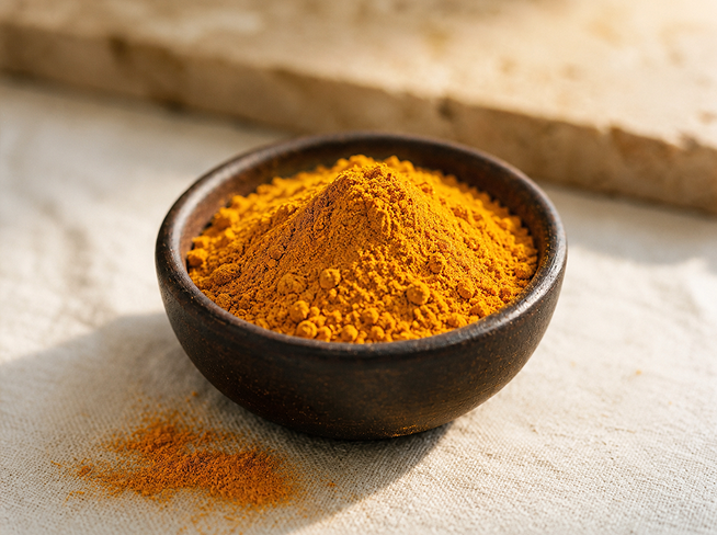 Bowl of turmeric powder used in The Milky Wave lactation recipes for nursing moms