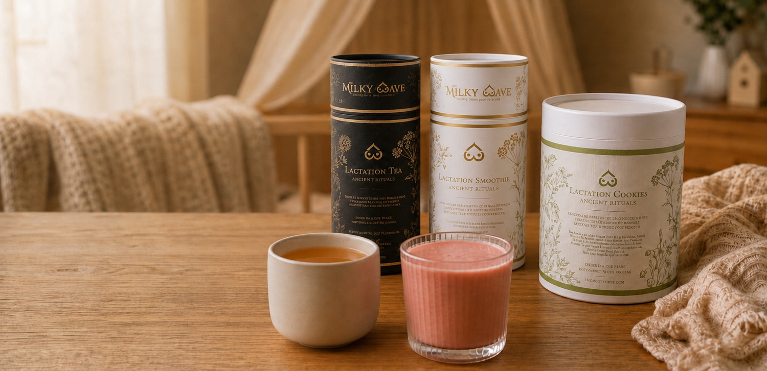 The Milky Wave lactation tea, smoothie, and cookies for nursing moms on a warm nursery table