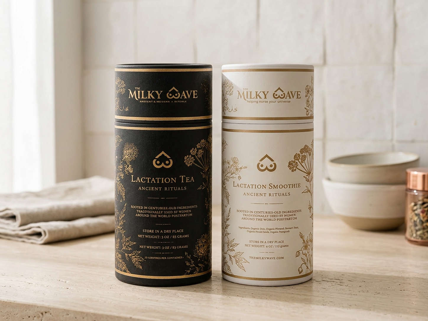 The Milky Wave lactation tea and smoothie tubs for nursing moms on a kitchen counter