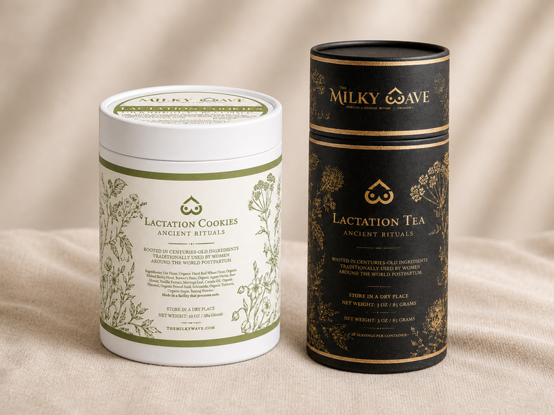 Two cylindrical containers labeled 'Lactation Cookies' and 'Lactation Tea' from the brand 'Milky Wave' on a beige fabric background.